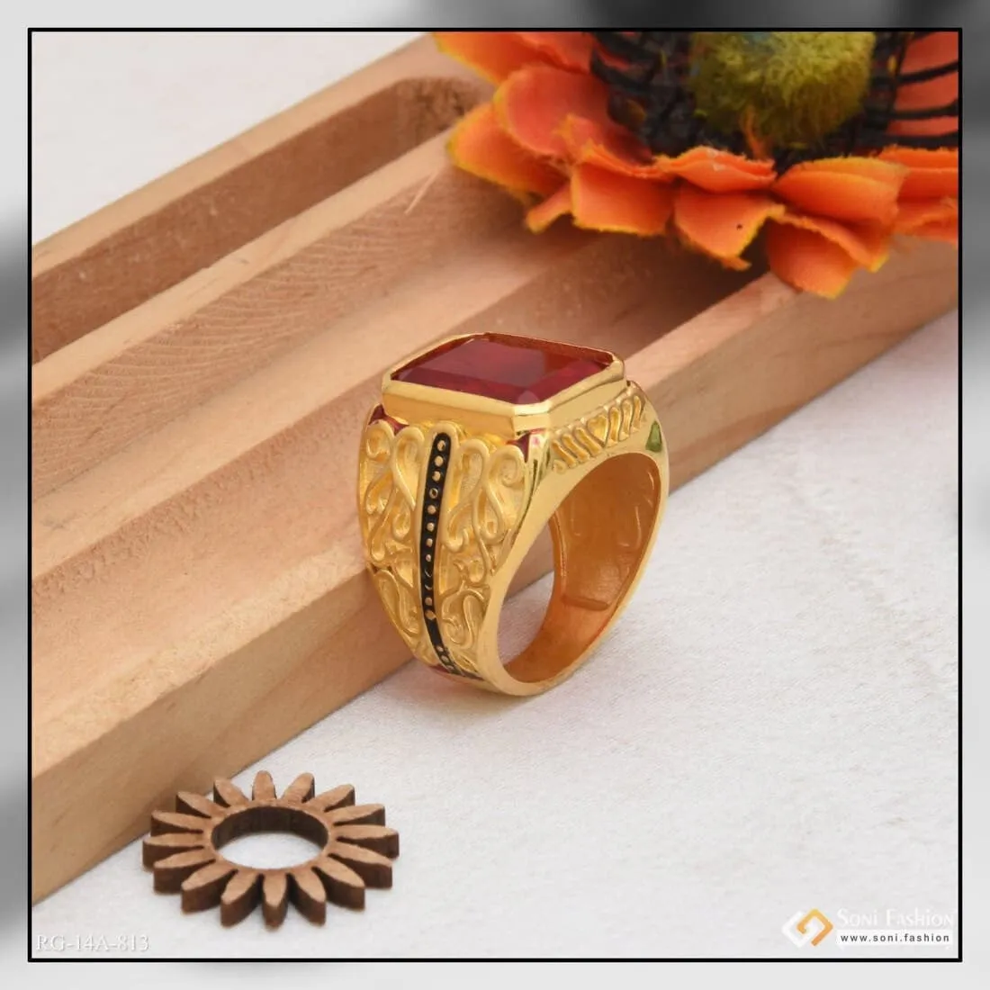 1 Gram Gold Forming Red Stone With Diamond Glamorous Design Ring - Style A813