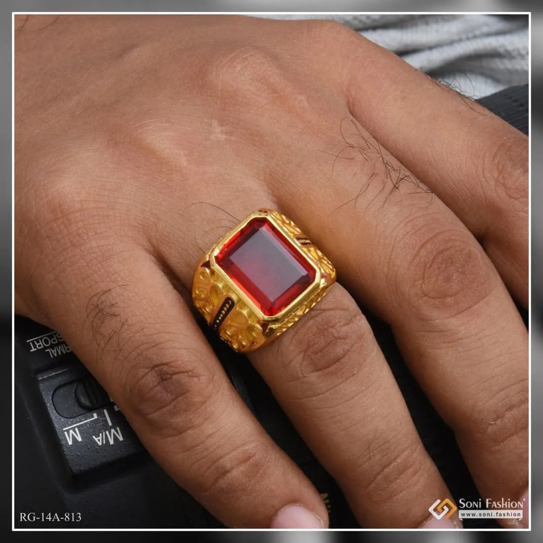 1 Gram Gold Forming Red Stone With Diamond Glamorous Design Ring - Style A813