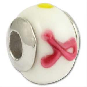 10mm White with Pink Ribbon and Dots Large Metal Hole Glass Beads - CLEARANCE