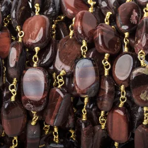 10x7mm Red Tiger's Eye Oval Gold Chain 18 Beads