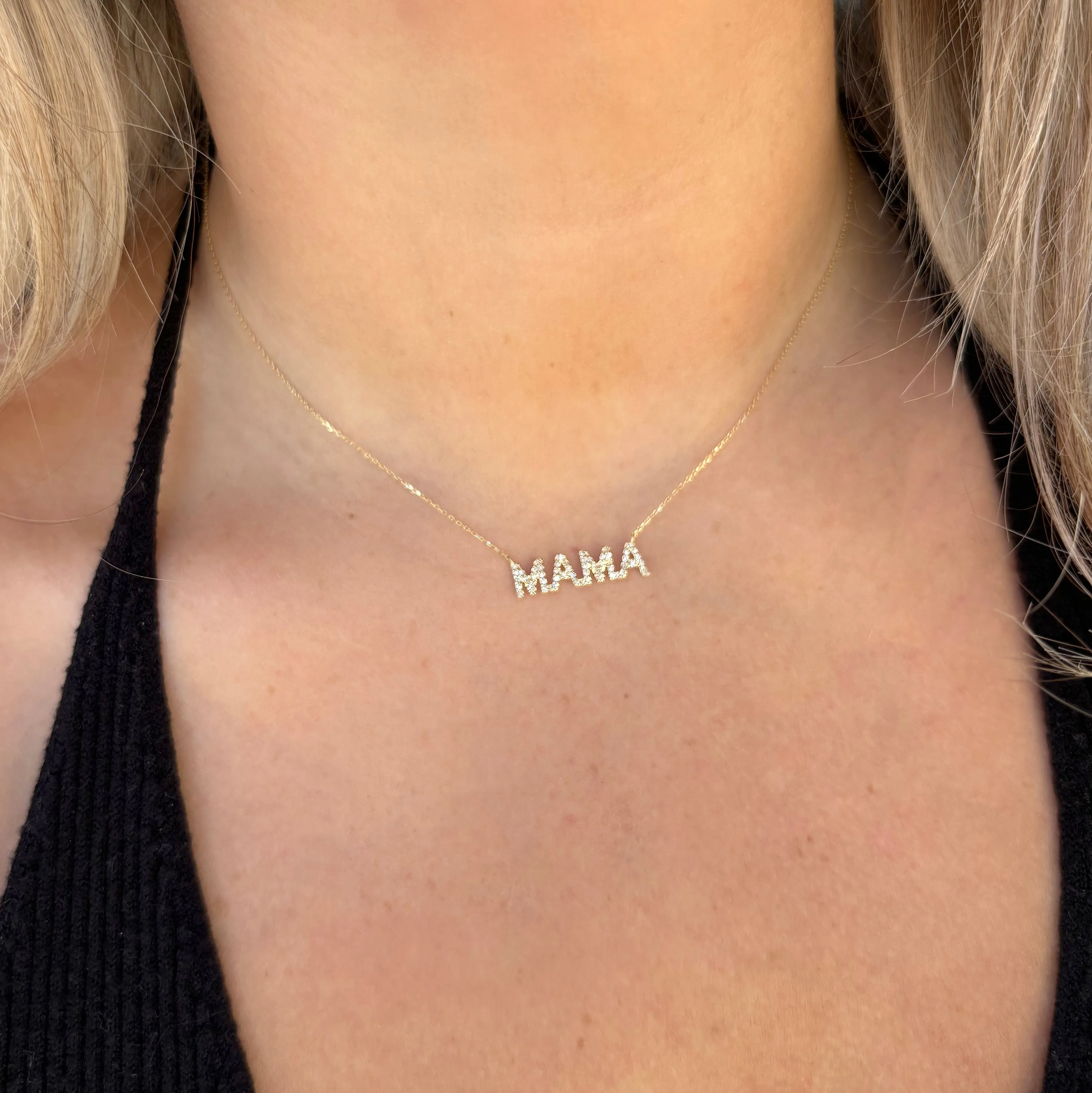 14K GOLD DIAMOND BLOCK MAMA NECKLACE