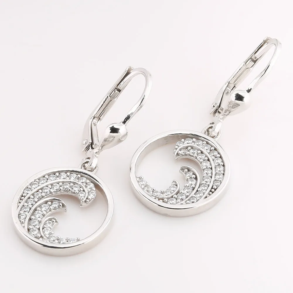 14K White Gold Pave CZ Wave Lever Back Earrings