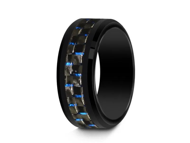 8MM BLACK CERAMIC WEDDING BAND BEVELED AND BLUE CARBON FIBER INLAY