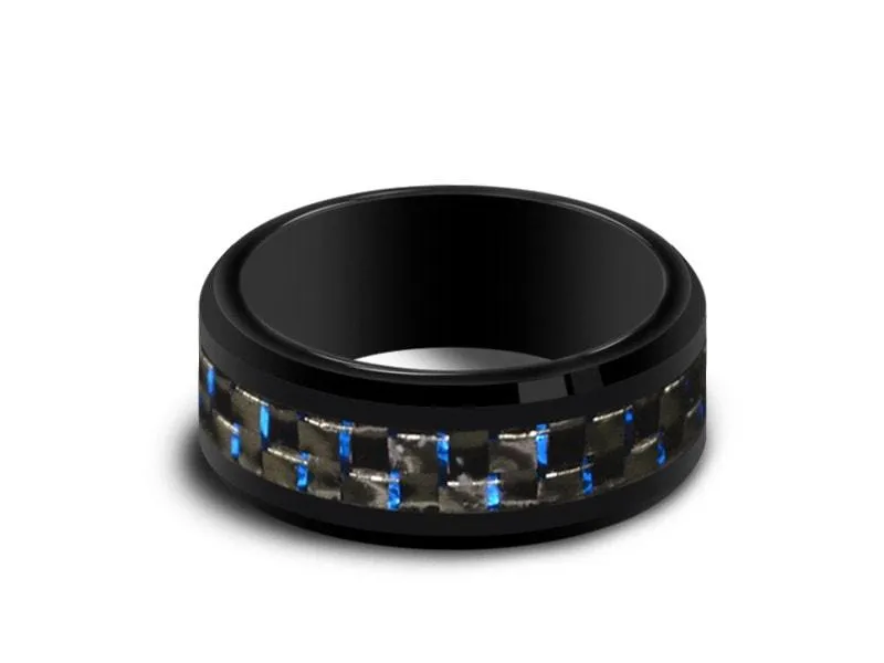 8MM BLACK CERAMIC WEDDING BAND BEVELED AND BLUE CARBON FIBER INLAY