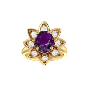 Amethyst and Diamonds Flower Ring 14K Yellow Gold