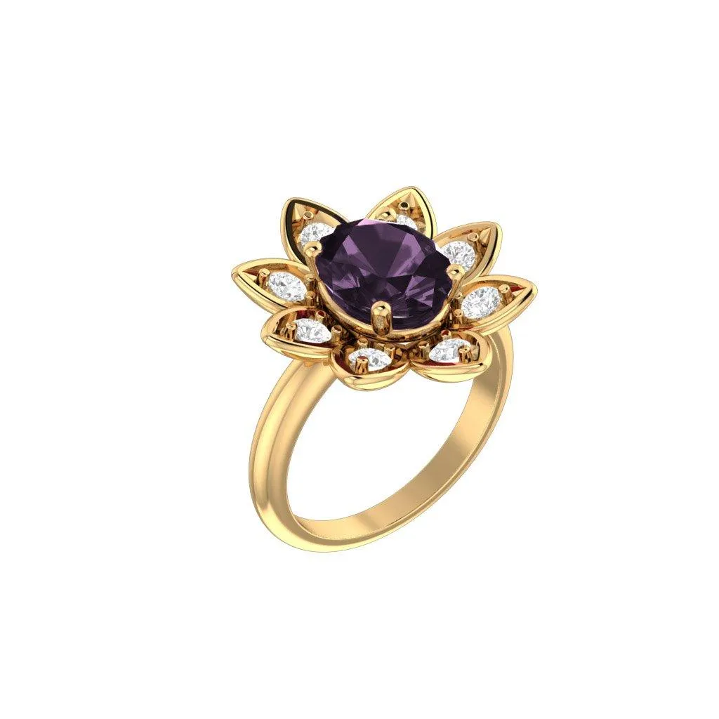 Amethyst and Diamonds Flower Ring 14K Yellow Gold