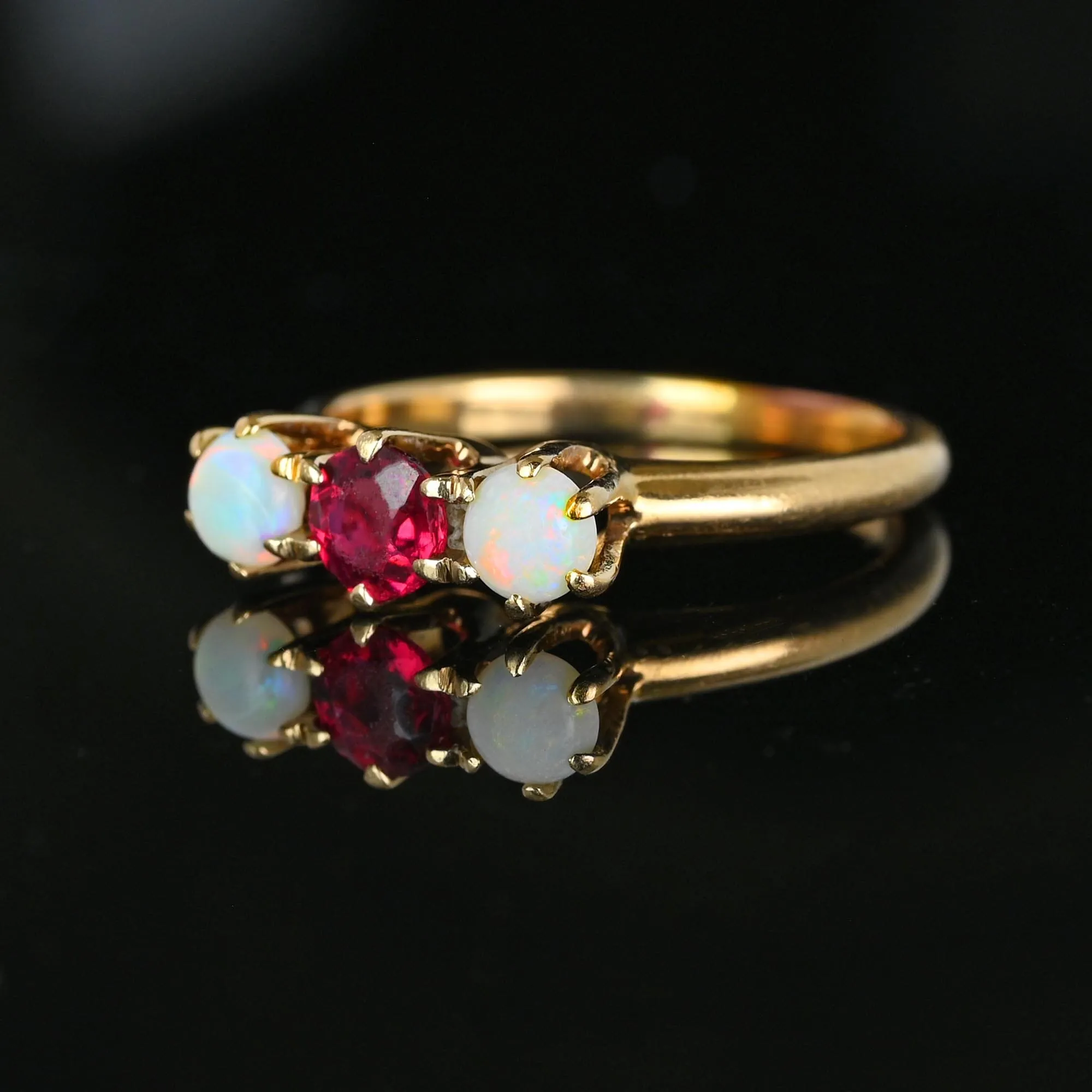 Antique JR Woods 14K Gold Three Stone Ruby Opal Ring