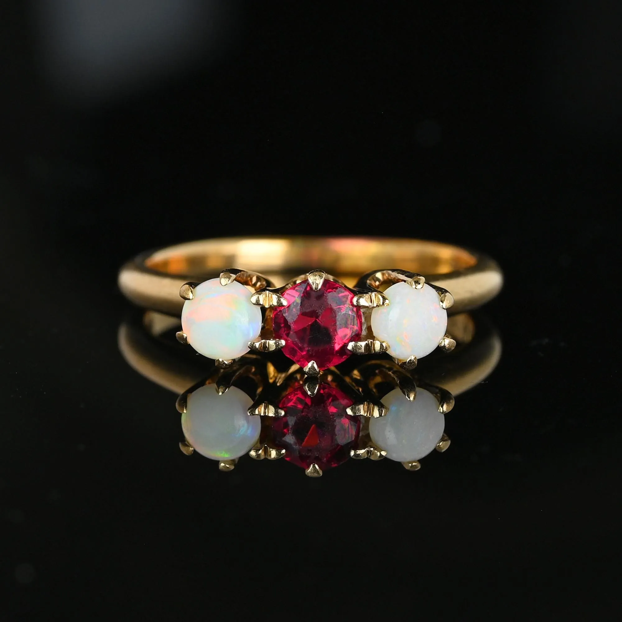 Antique JR Woods 14K Gold Three Stone Ruby Opal Ring