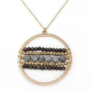 Beaded Open Circle Long Necklace Gold Black