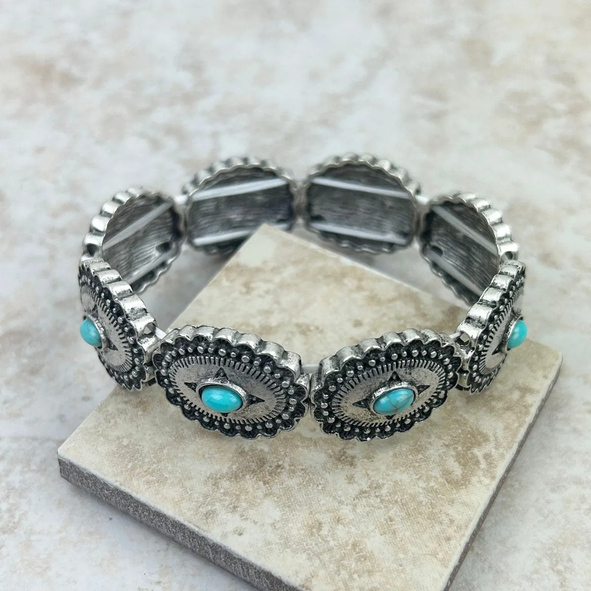 BR230430-01 Southwest Style Silver Natural Stone Concho Stretch Bracelet