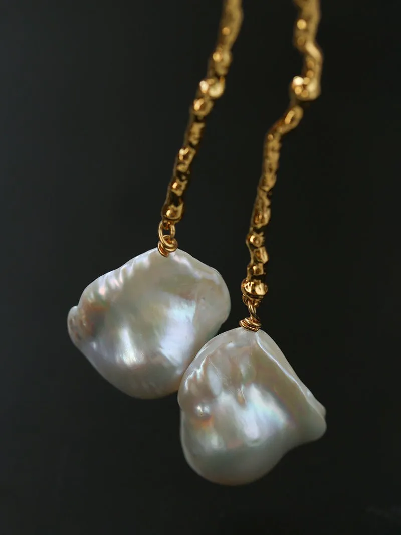 Branch Baroque Pearl Long Drop Earrings-Without Diamond