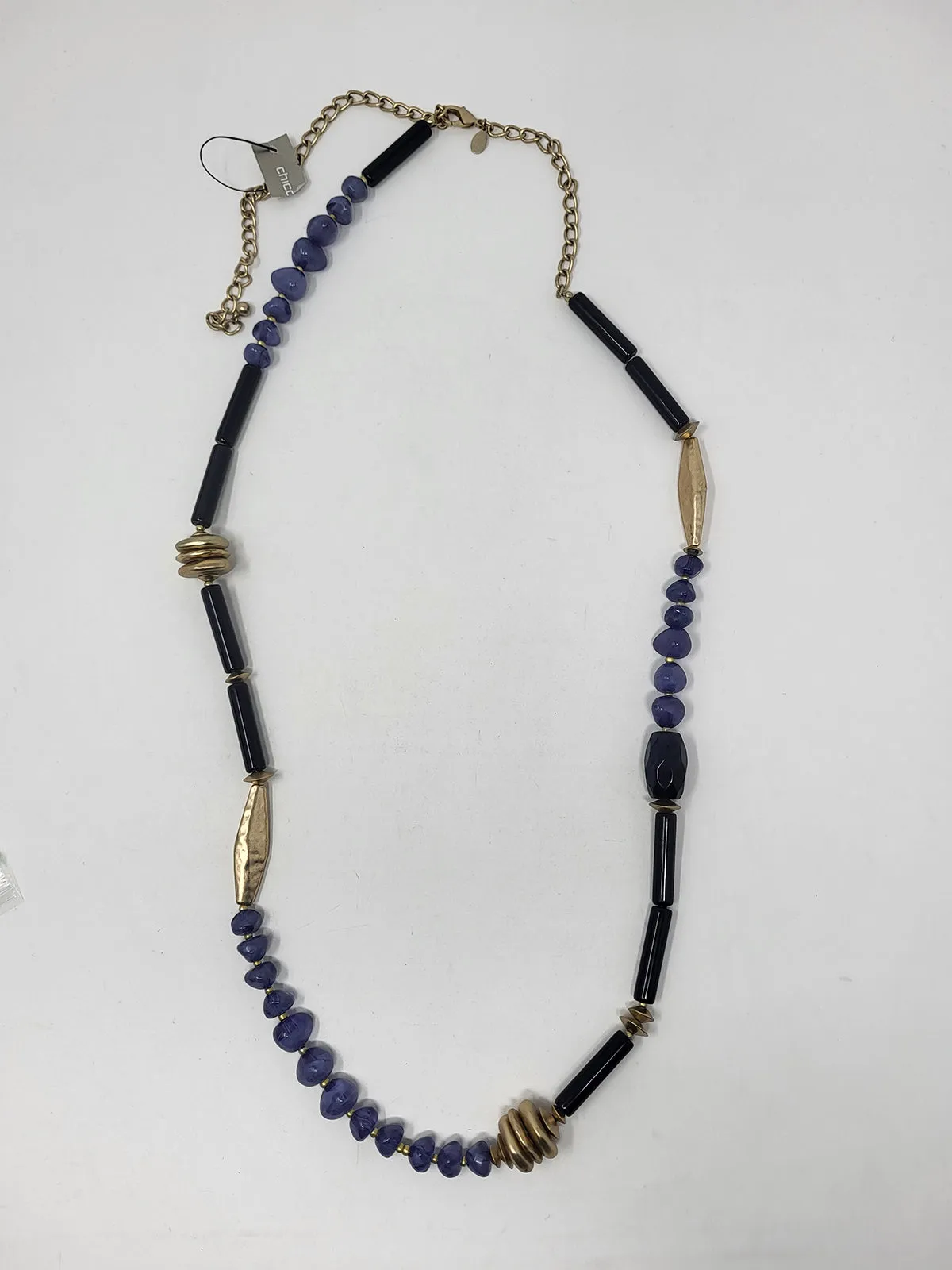 Chico's Blue & Gold Brass beaded Boho Necklace NWT