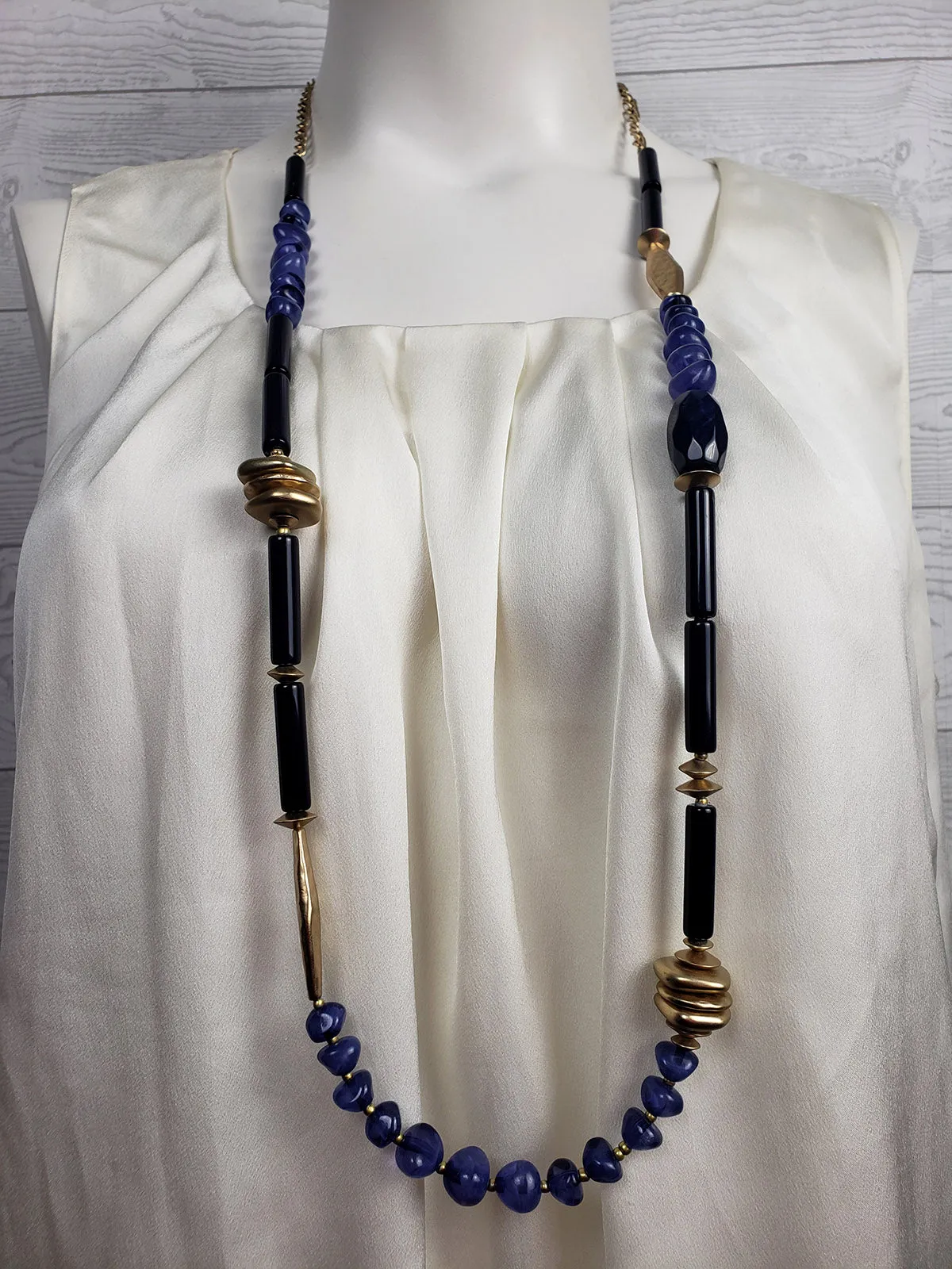 Chico's Blue & Gold Brass beaded Boho Necklace NWT