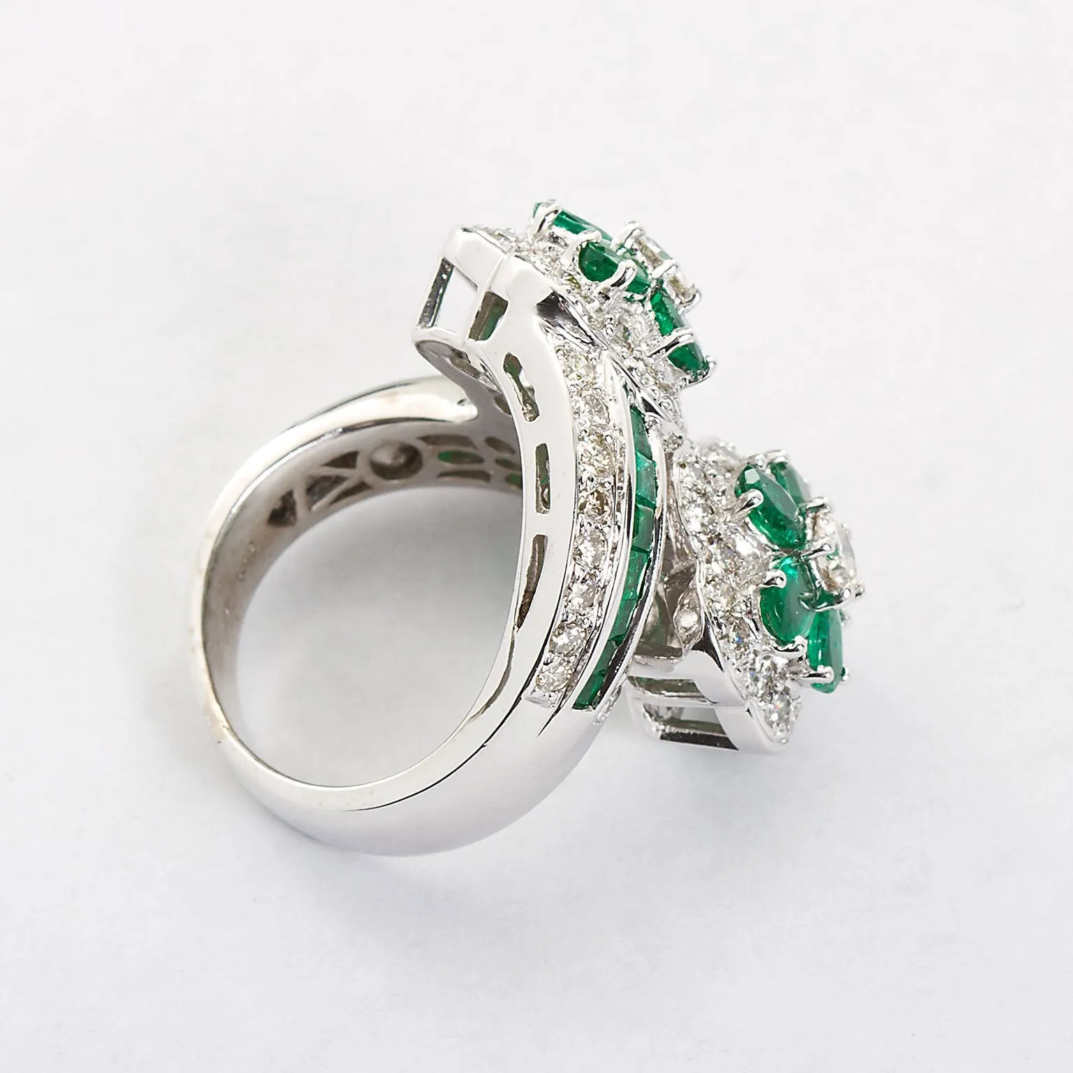 Emerald Diamond Twin Flower Ring, 9.00 Carat