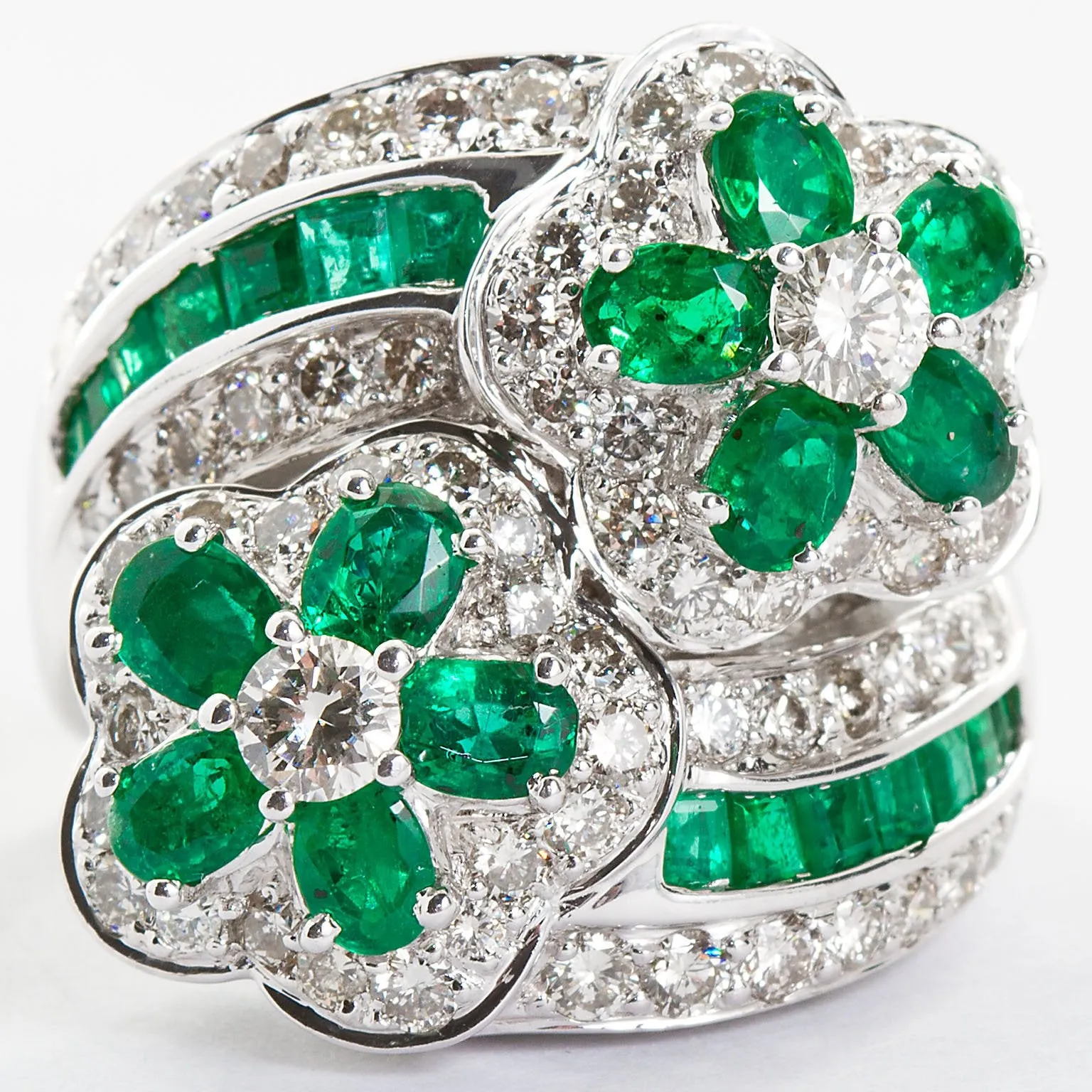 Emerald Diamond Twin Flower Ring, 9.00 Carat