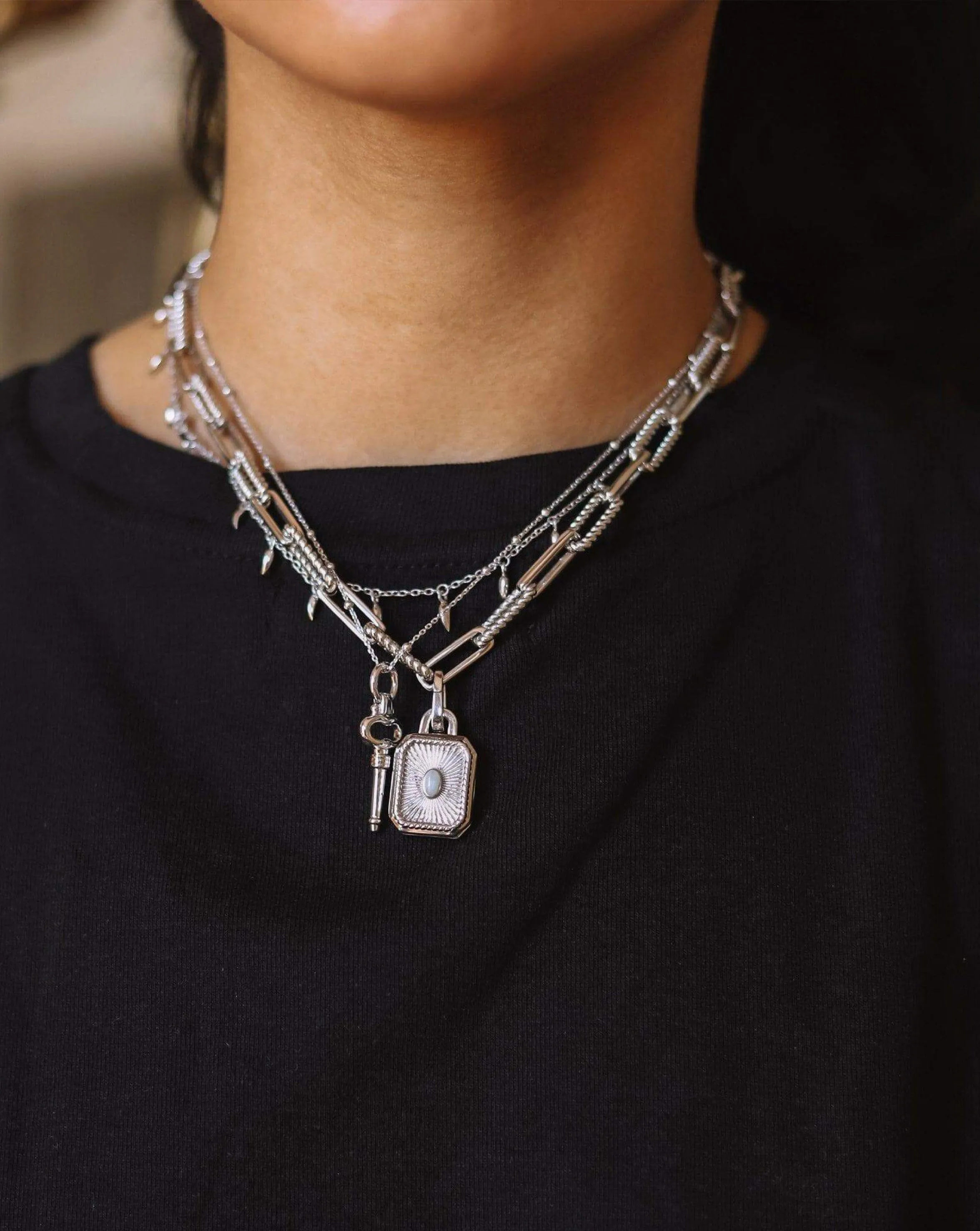 Engravable Square Locket Chain Necklace | Silver Plated/Rainbow Moonstone