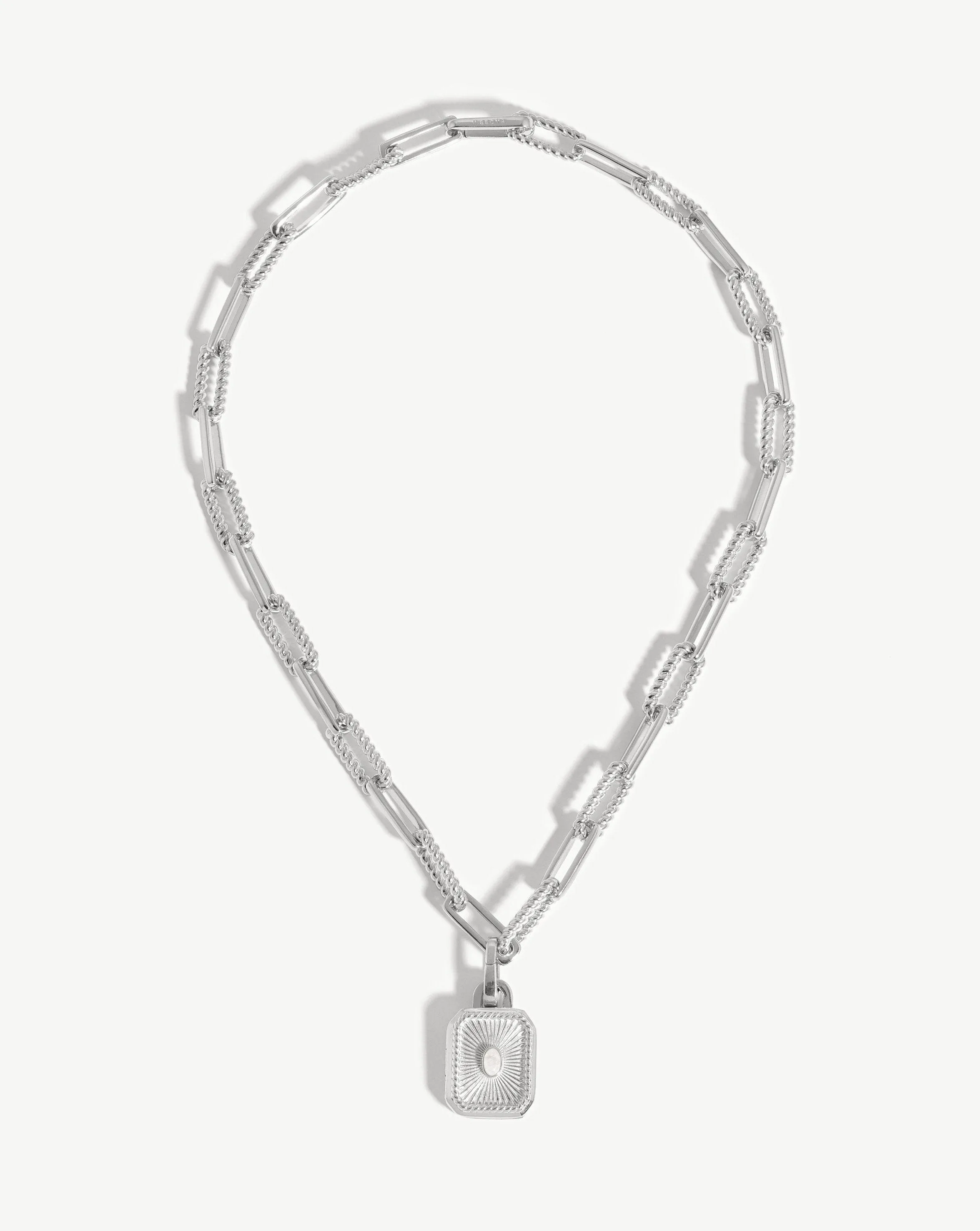 Engravable Square Locket Chain Necklace | Silver Plated/Rainbow Moonstone