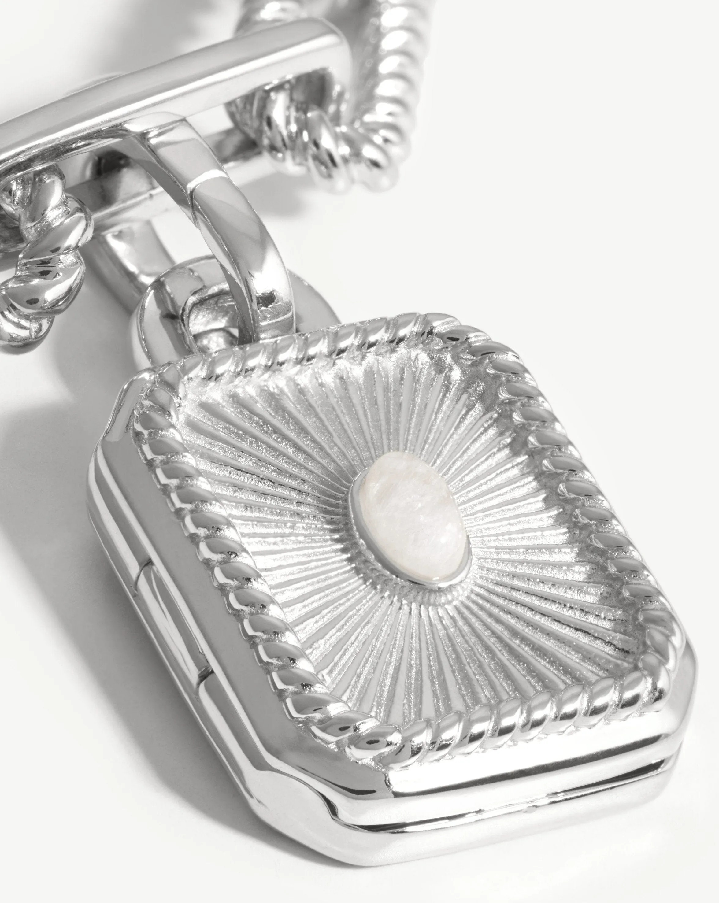 Engravable Square Locket Chain Necklace | Silver Plated/Rainbow Moonstone