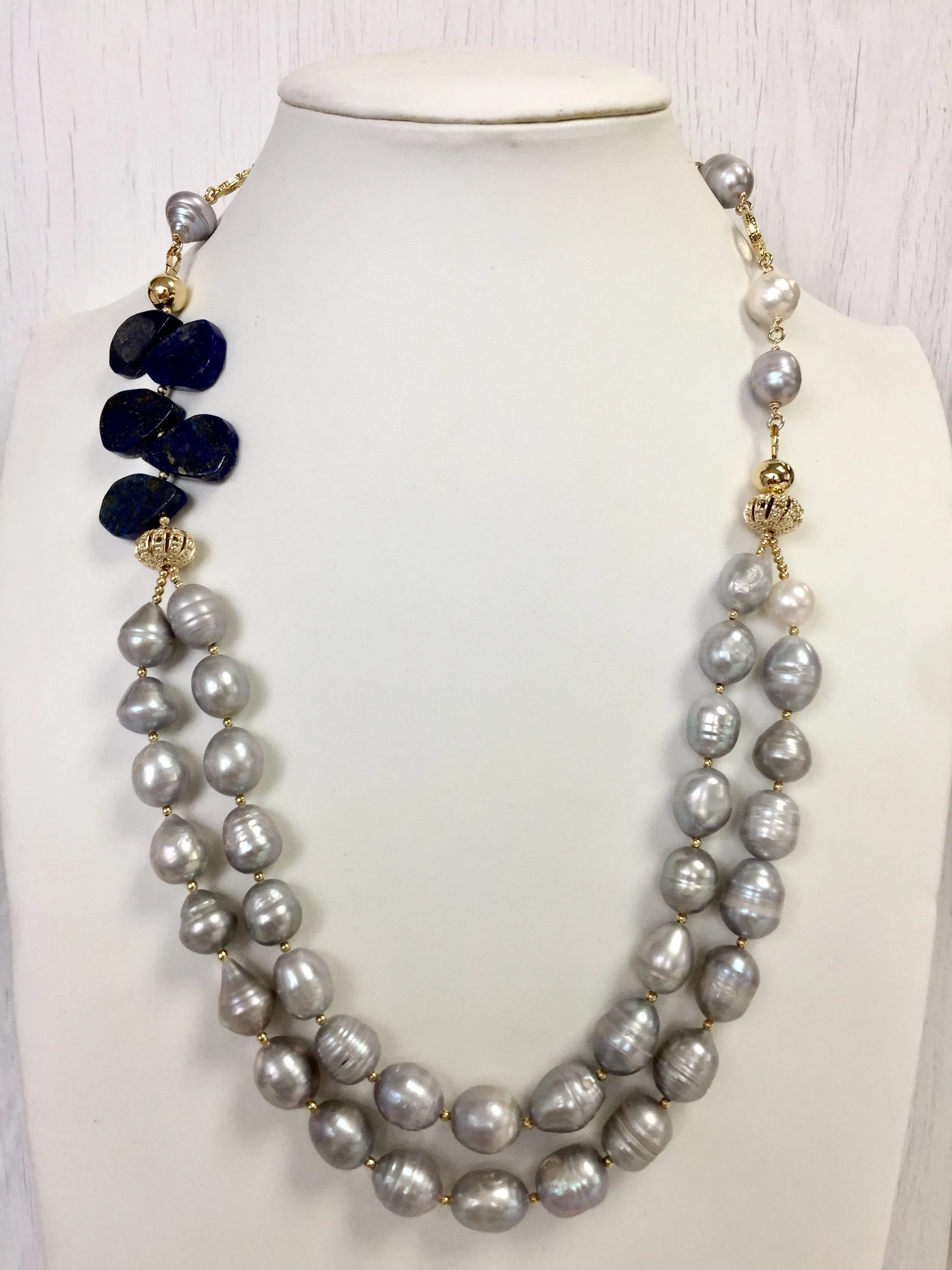 Freshwater pearls with Lapis Double Necklace MN041