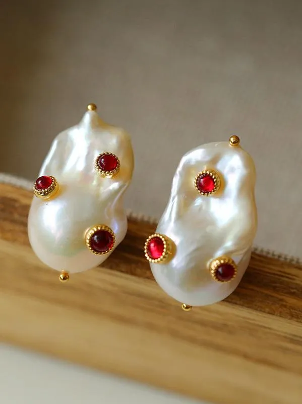 Handcrafted Baroque Pearls Earrings-Red