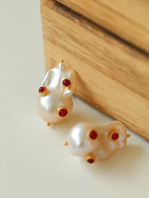 Handcrafted Baroque Pearls Earrings-Red