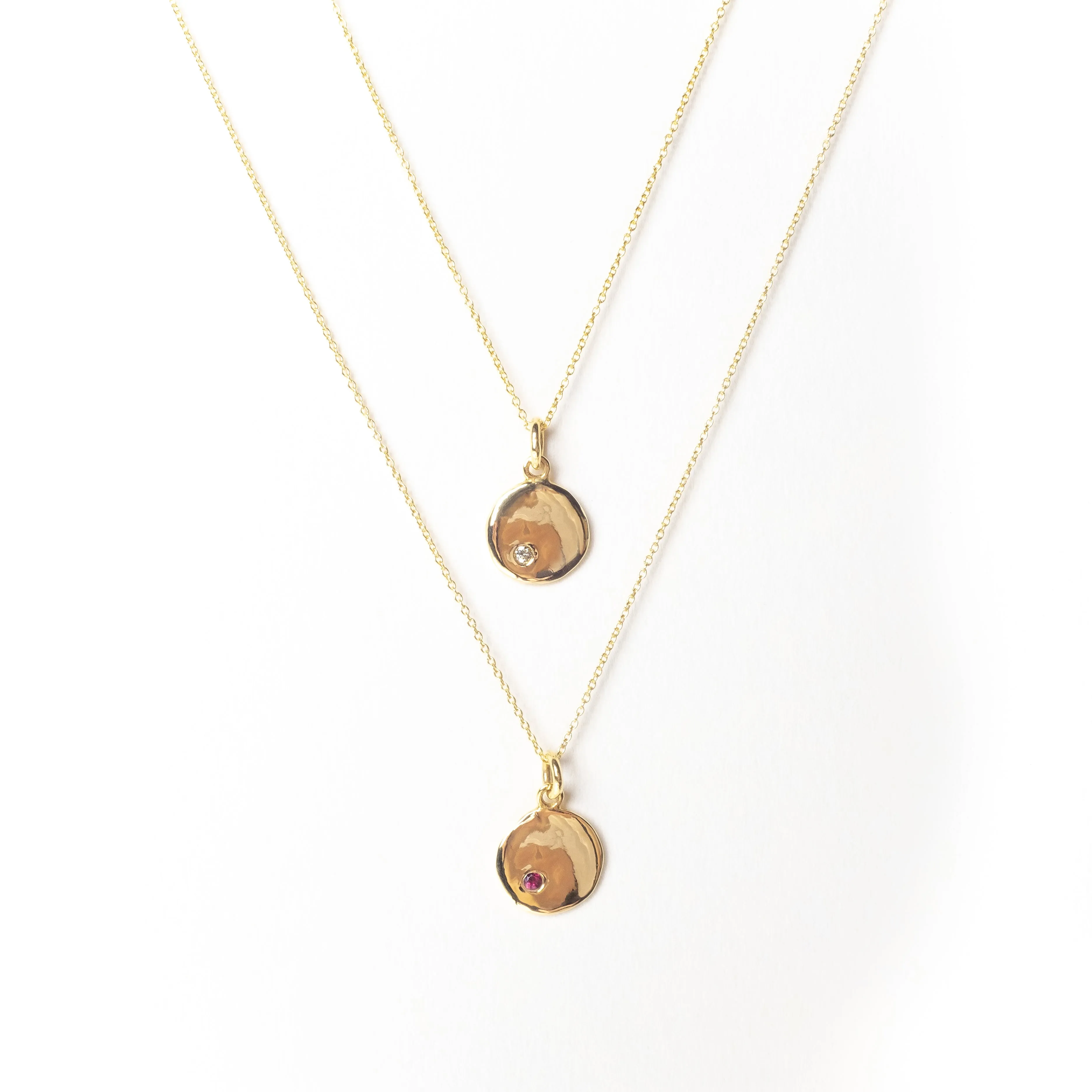 Mini Disc with Birthstone Pendant Necklace, Solid Gold