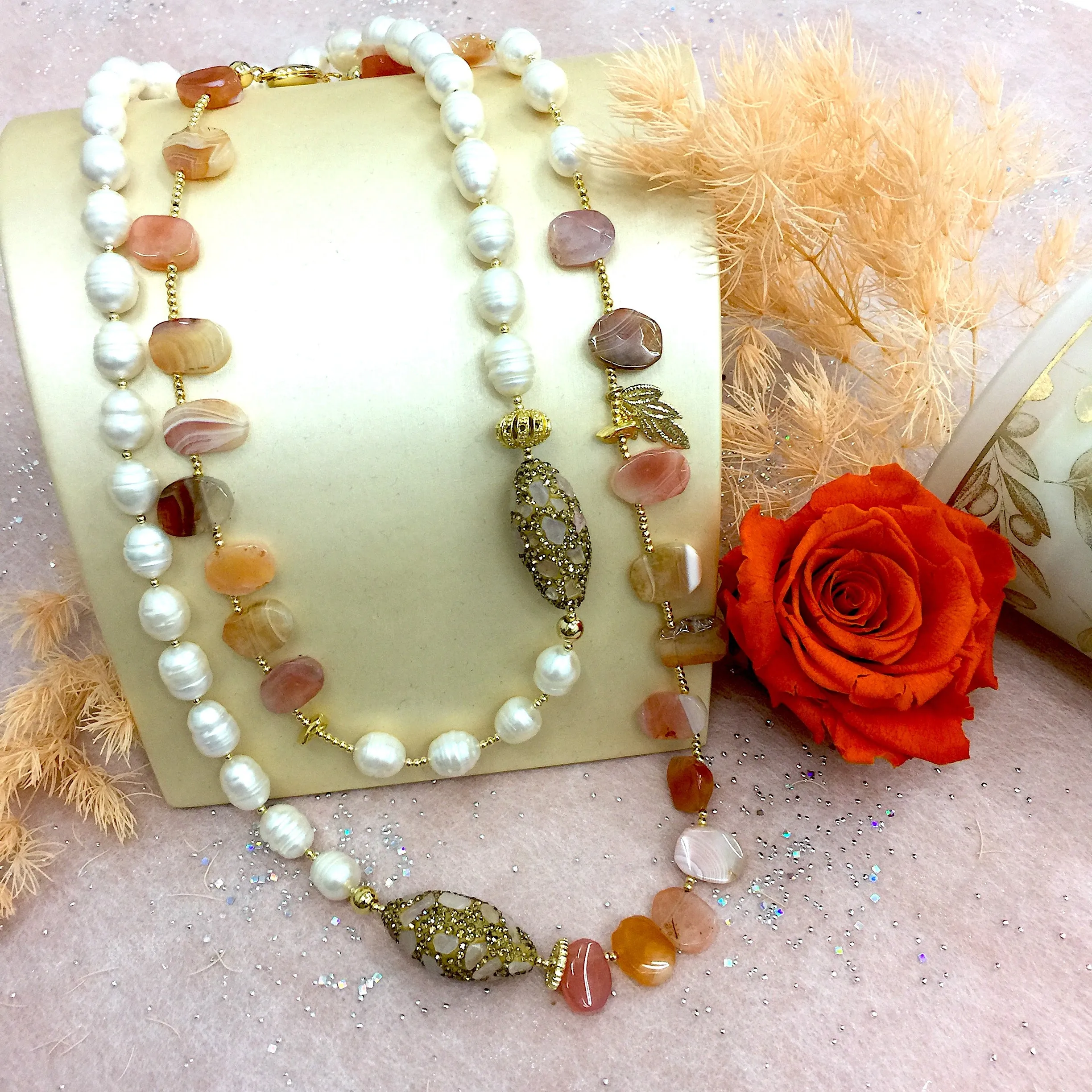 Orange Agate With Freshwater Pearls And Rhinestones Multi-Way Necklace AN002