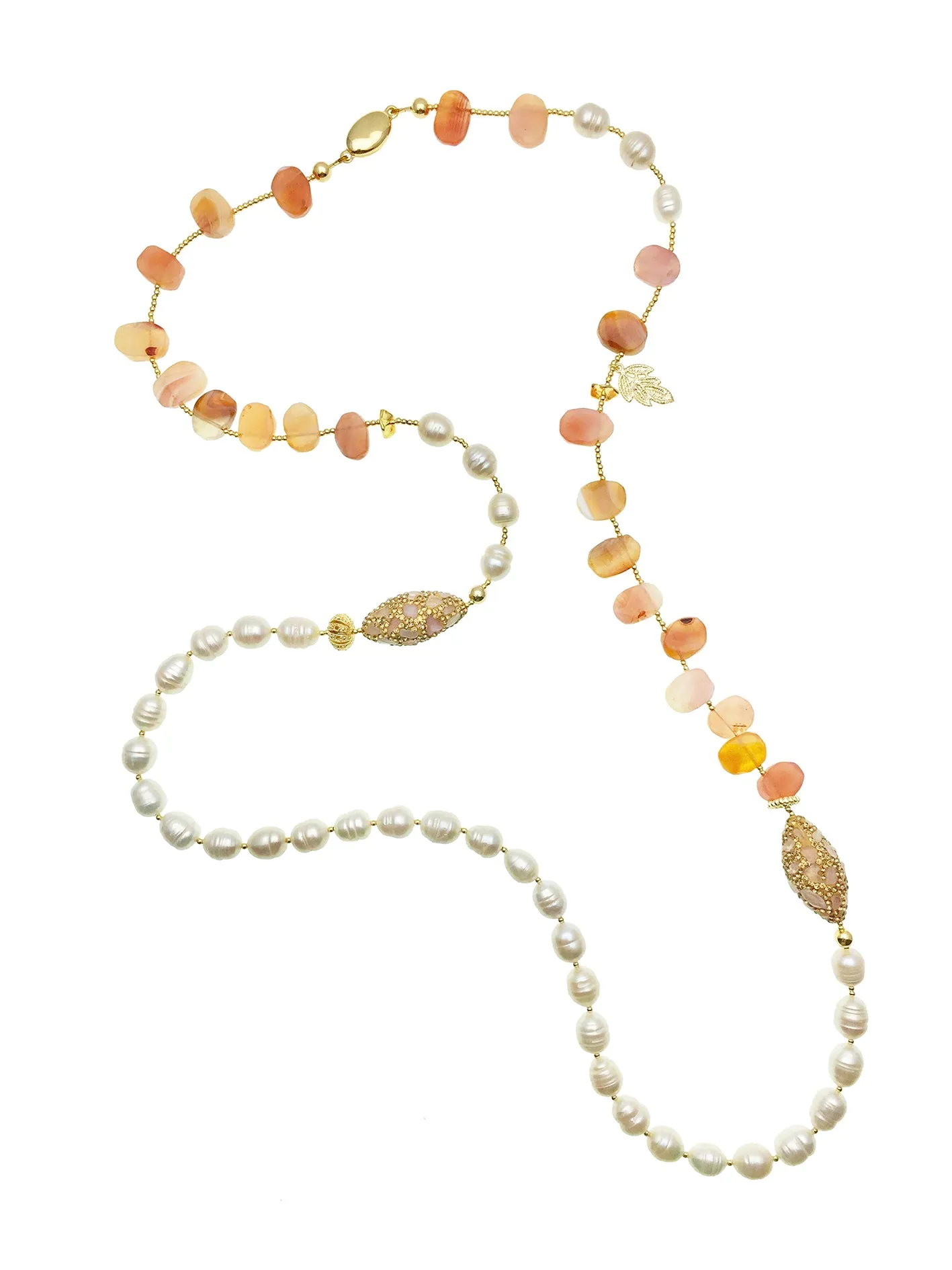 Orange Agate With Freshwater Pearls And Rhinestones Multi-Way Necklace AN002