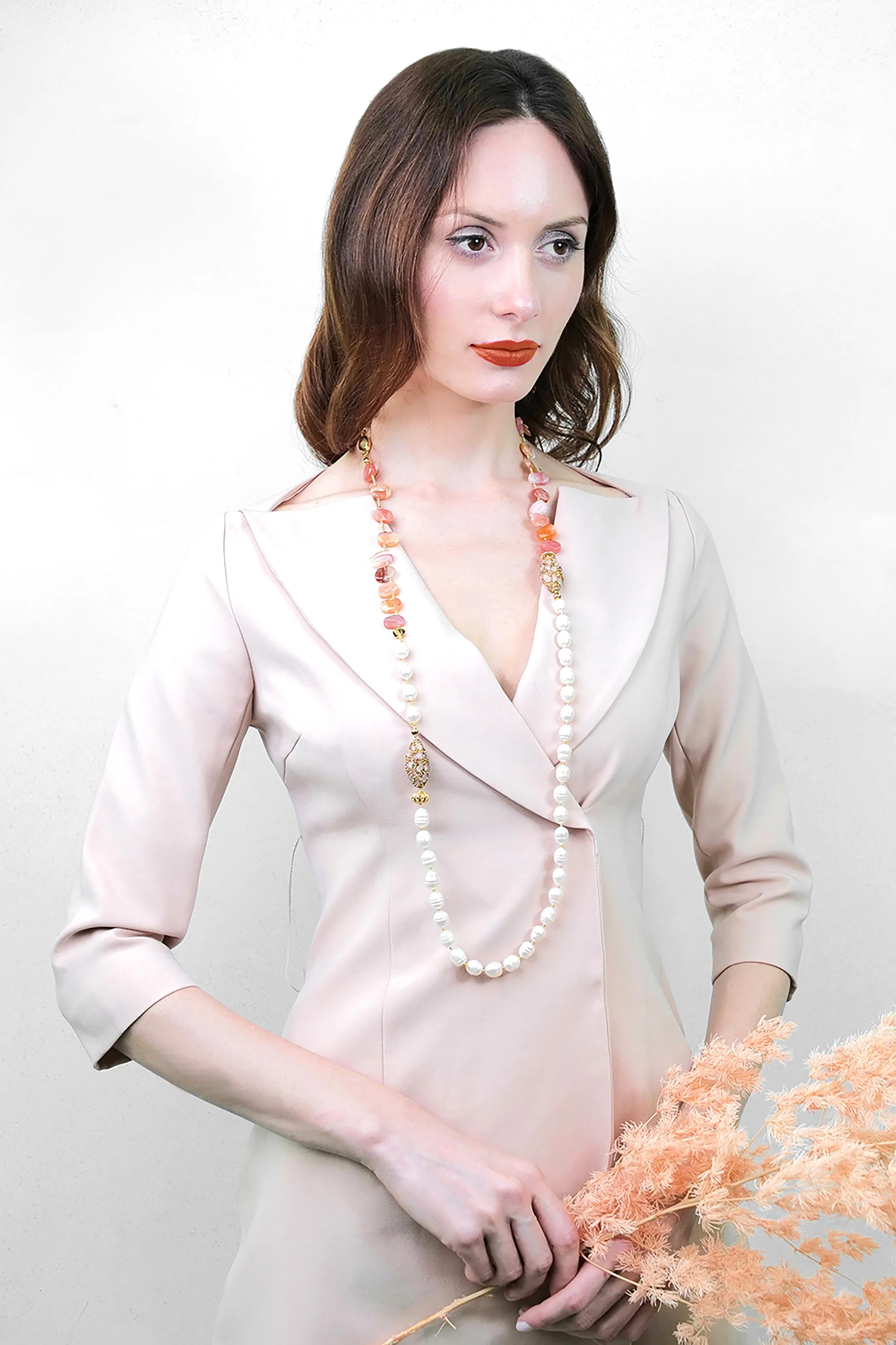 Orange Agate With Freshwater Pearls And Rhinestones Multi-Way Necklace AN002