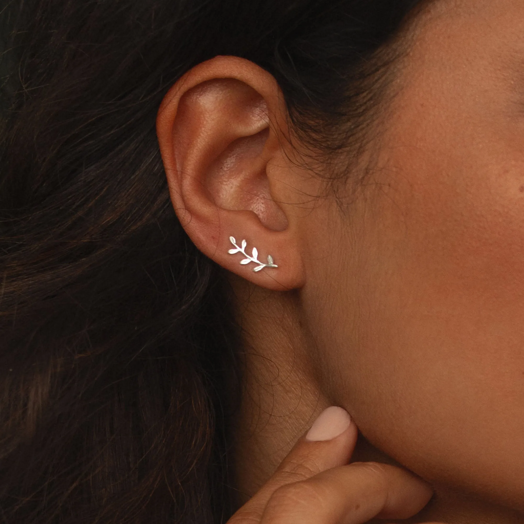 Silver Ash Leaf Ear Climber Earrings