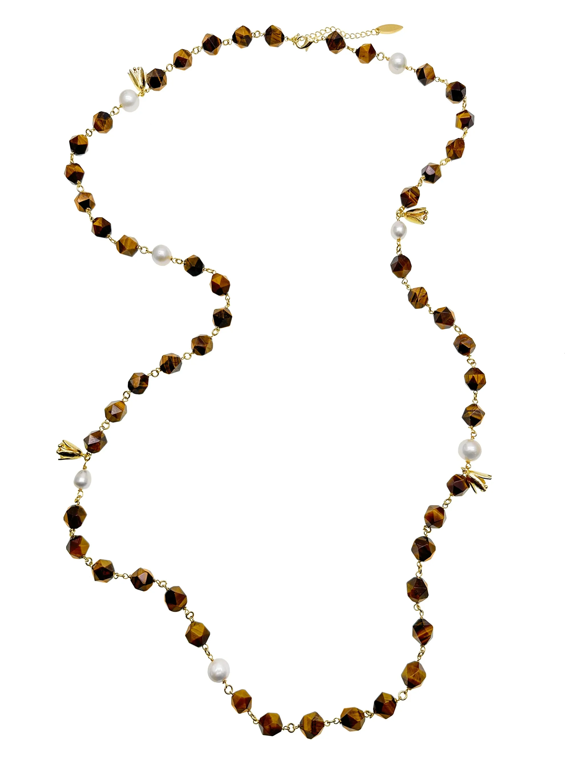 Tiger Eye With Freshwater Pearls Multi-way Chain Necklace KN039