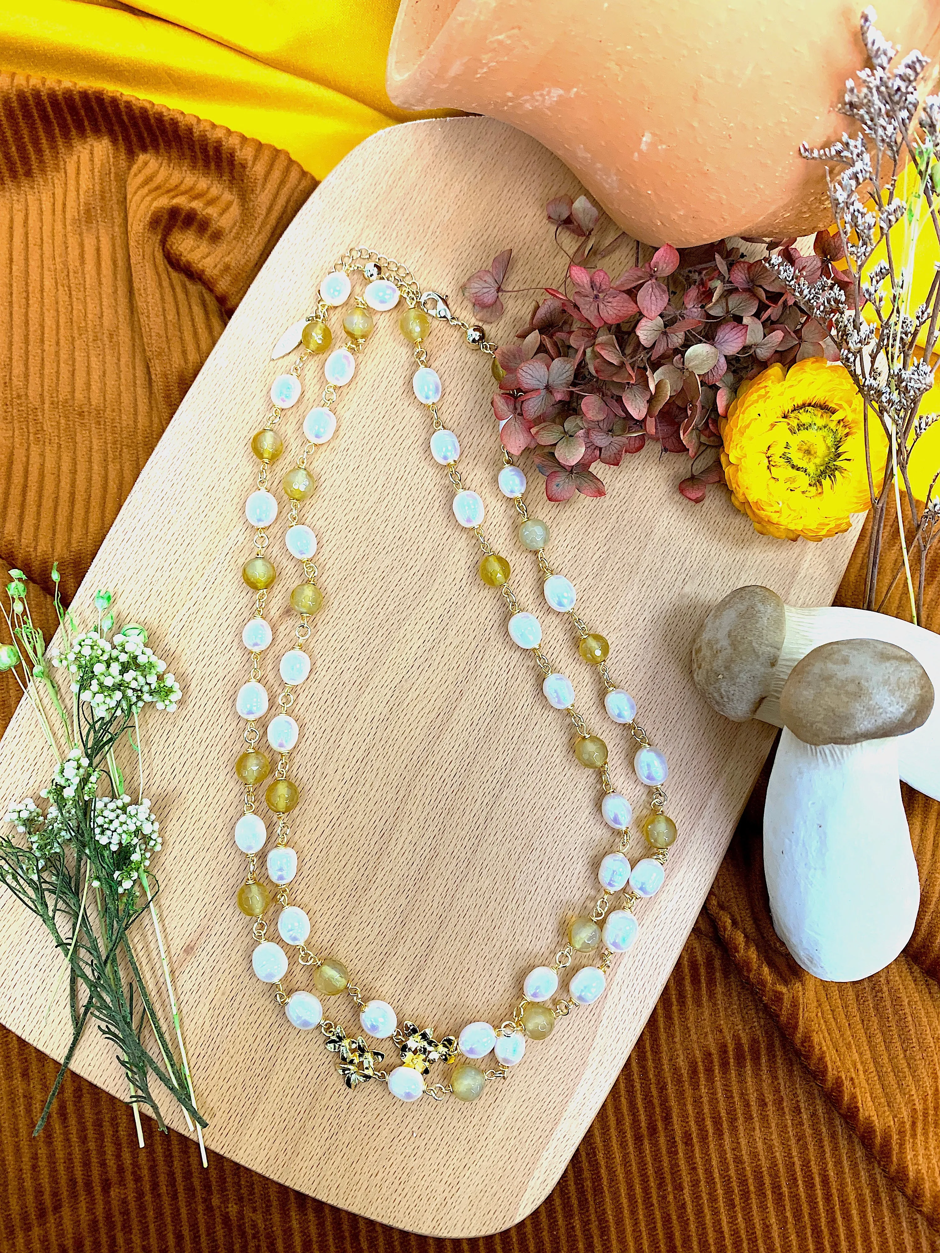 Yellow Agates & Freshwater Pearls Multi-Way Necklace HN021