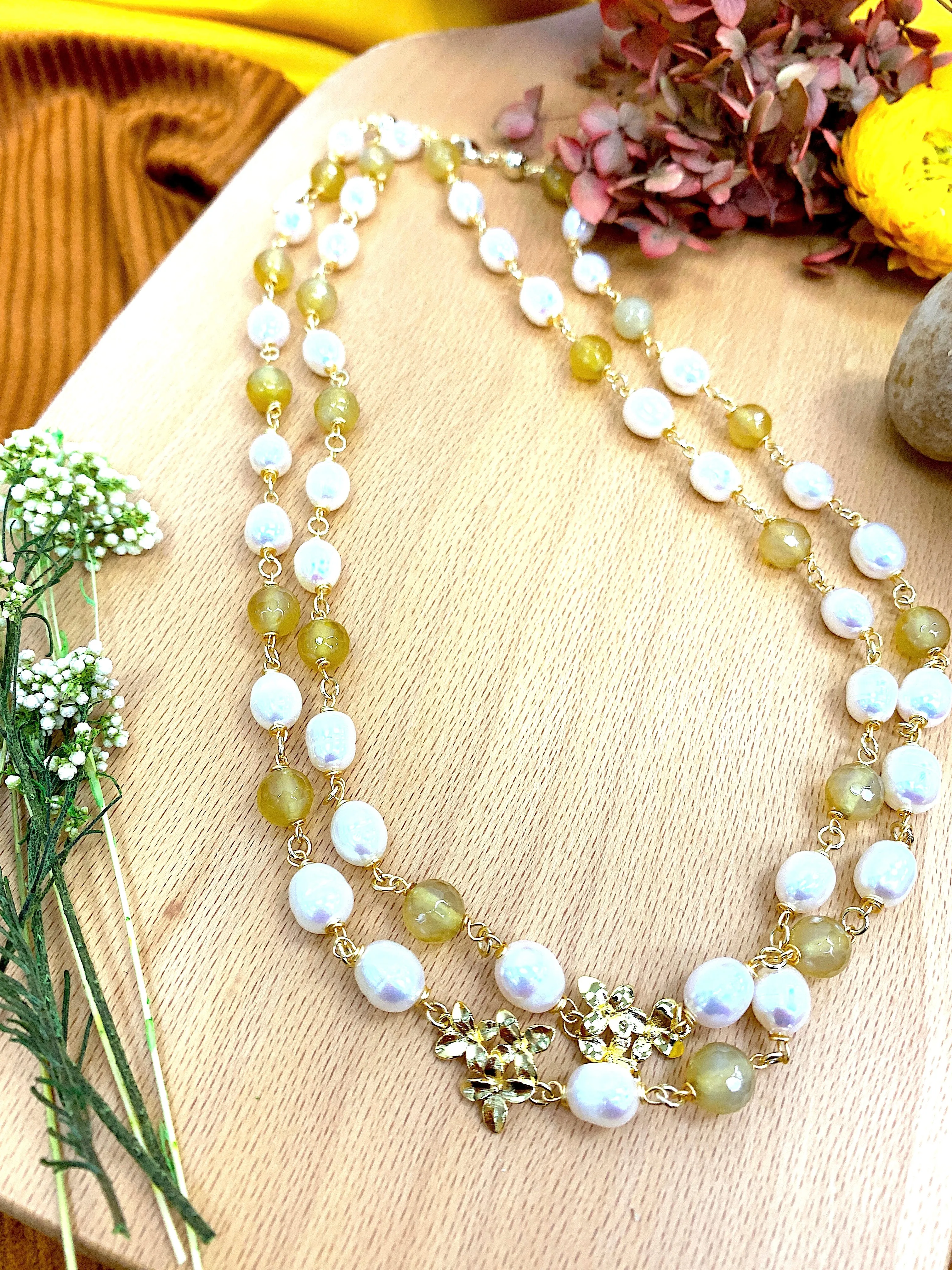 Yellow Agates & Freshwater Pearls Multi-Way Necklace HN021